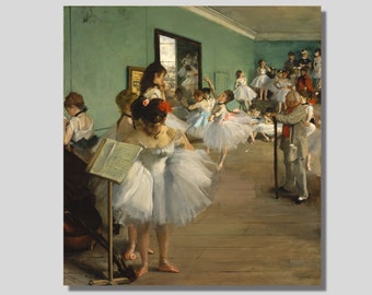 May include: A painting depicting a ballet class in progress. The room is painted a pale green with a large mirror on the back wall. The dancers are wearing white tutus and are in various positions. A man in a grey suit and a red sash is standing in the back of the room, possibly the instructor. A musician is playing a cello in the foreground.