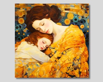 Canvasafdruk moeder en dochter in Klimt-stijl: moederschapskunst