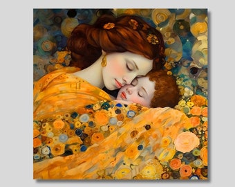 Canvaskunst aan de muur in Gustav Klimt-stijl, moeder en kind