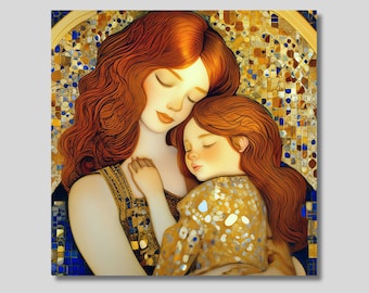 Canvasafdruk moeder en kind in Klimt-stijl: muurkunst moederschap