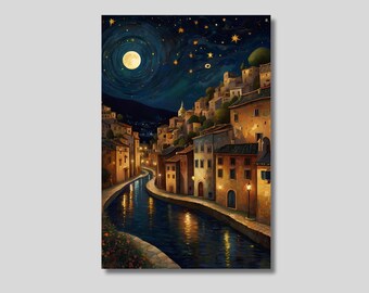 Impressão em tela inspirada em Klimt: Vila à noite: Arte mágica no céu