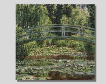 May include: Impressionist painting of a green wooden bridge arching over a pond filled with lily pads. Lush green foliage surrounds the bridge and water, creating a serene landscape. The artwork evokes a sense of tranquility.
