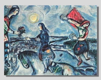 Marc Chagall Canvas Wall Art, Lovers on the roof of Paris Exhibition Print, Modern Framed Canvas Wall Art, Surrealism Art, Gift for Lovers