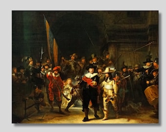 May include: A framed print of Rembrandt's "The Night Watch" painting. The artwork depicts a group of men in various costumes, illuminated by a central light source. The scene is set in a dark, outdoor environment, with figures holding weapons and flags.