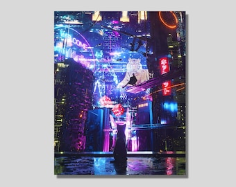Cyberpunk City Canvas Print: Neon Sci-Fi Wall Art