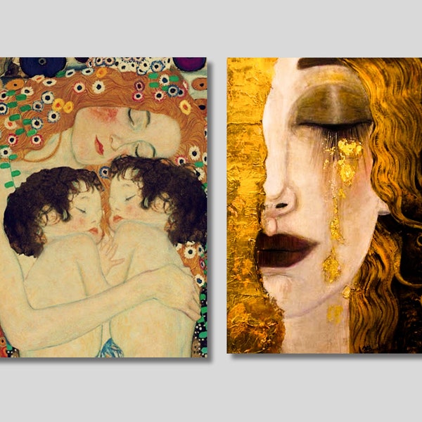 Lot de 2 oeuvres d'art murales sur toile Gustav Klimt, toile mère et jumeaux, toile Larmes de Freya, impression sur emballage galerie Gustav Klimt, cadeau fête des mères