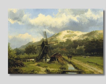 Willem Koekkoek A Windmill in Dune Landscape Painting, Dutch Windmill Art Print, Dutch Antique Oil Painting, Vintage art, Fine Art