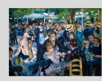 May include: A painting depicting a bustling outdoor scene with people dancing and socializing in a park. The painting is done in a vibrant Impressionist style with a focus on capturing the movement and light of the scene. The colors are predominantly blue, green, and white, with hints of yellow and pink.