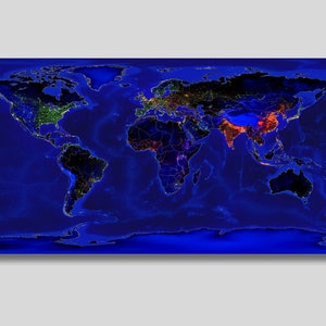 Mappa termica della densità di popolazione del mondo, stampa su tela, mappa termica geografica mondiale, stampa su tela della mappa del mondo, mappa satellitare mondiale, mappa della scuola