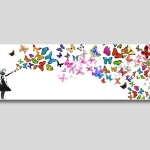 Panaromic Colorful Butterflies and Girl Canvas Wall Art, Banksy Print, Butterfly Graffiti, Graffiti Decor, Girl Room Decor, Gift for Girls