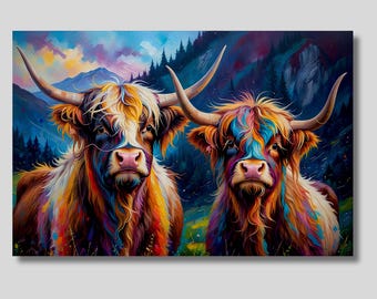 "Kunstdruck auf Leinwand ""Highland Cow"" 20 x 20 cm, Schottische Wildtiere -
