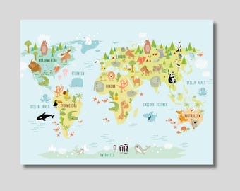 Educational Animals World Map Canvas: Nursery Decor