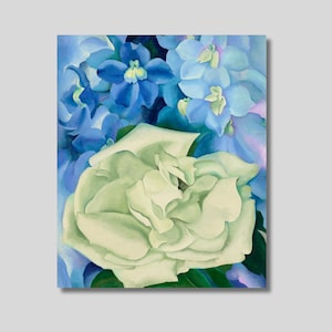 Georgia O&#39;Keeffe White Rose with Lakspur Canvas Print: Floral Wall Art