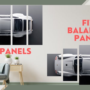 May include: Five-panel canvas print of a white sports car viewed from above. The car is centred in the image and the panels are arranged in a horizontal row. The text "FIVE PANELS" is below the image and the text "FIVE BALANCED PANELS" is above the image.