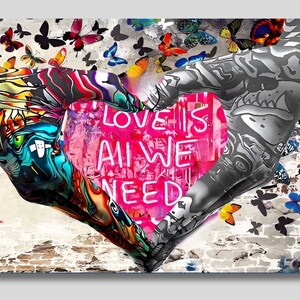 Banksy Love is All We Need Canvas Print, Banksy Butterfly Canvas Wall Art, Banksy Heart Hands, Graffiti Street Art, Banksy Canvas Home Decor