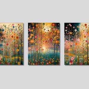 3er Set Gustav Klimt Stil Blumen Wald Leinwand Wandkunst, Blumen Druck, Blumendekor, Sonnenuntergang über Meer, Landschaft, Natur Poster, Trendige Kunst