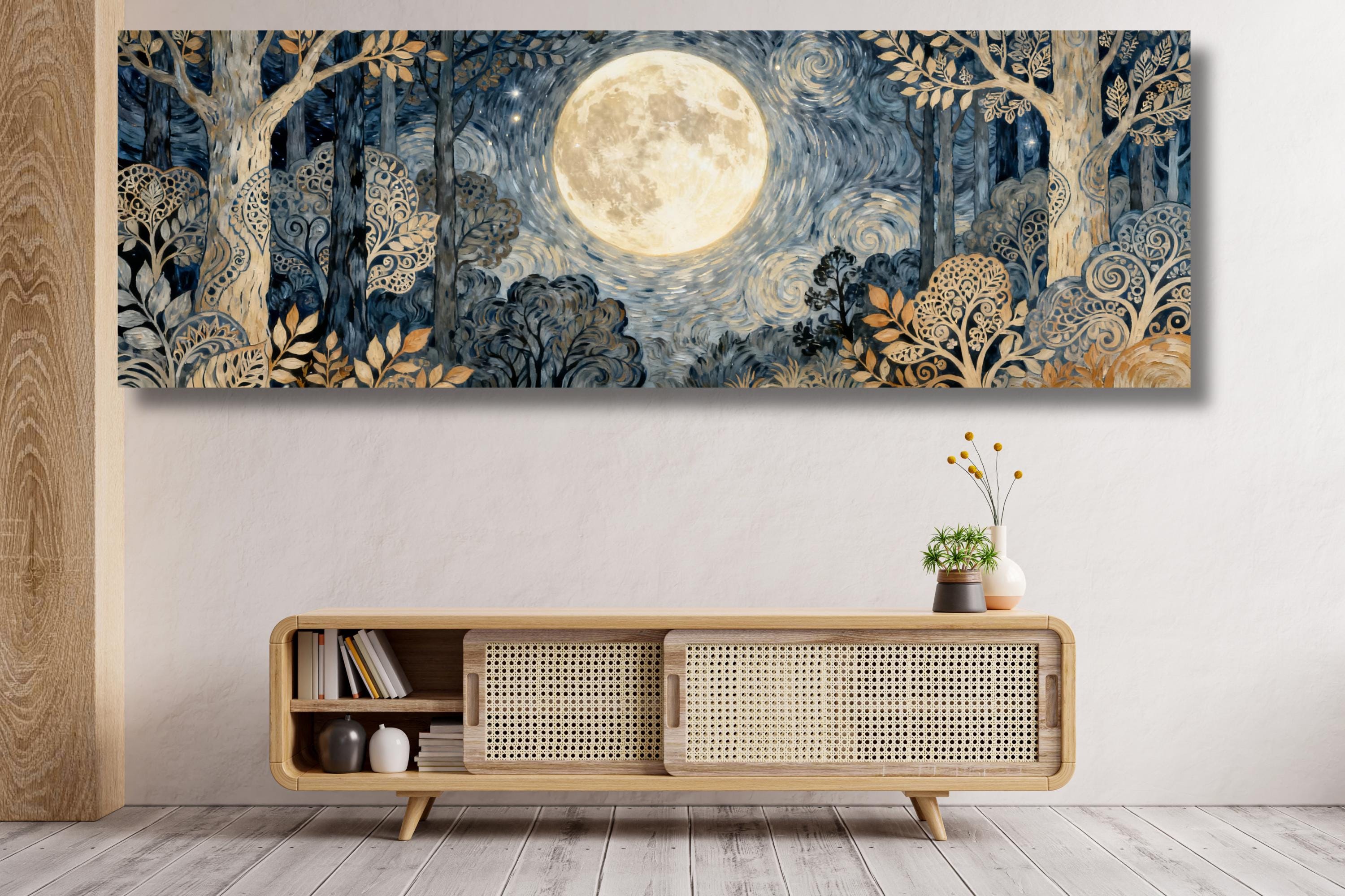 Panoramic William Morris Full Moon Canvas Wall Art: Ornate Tree Forest ...