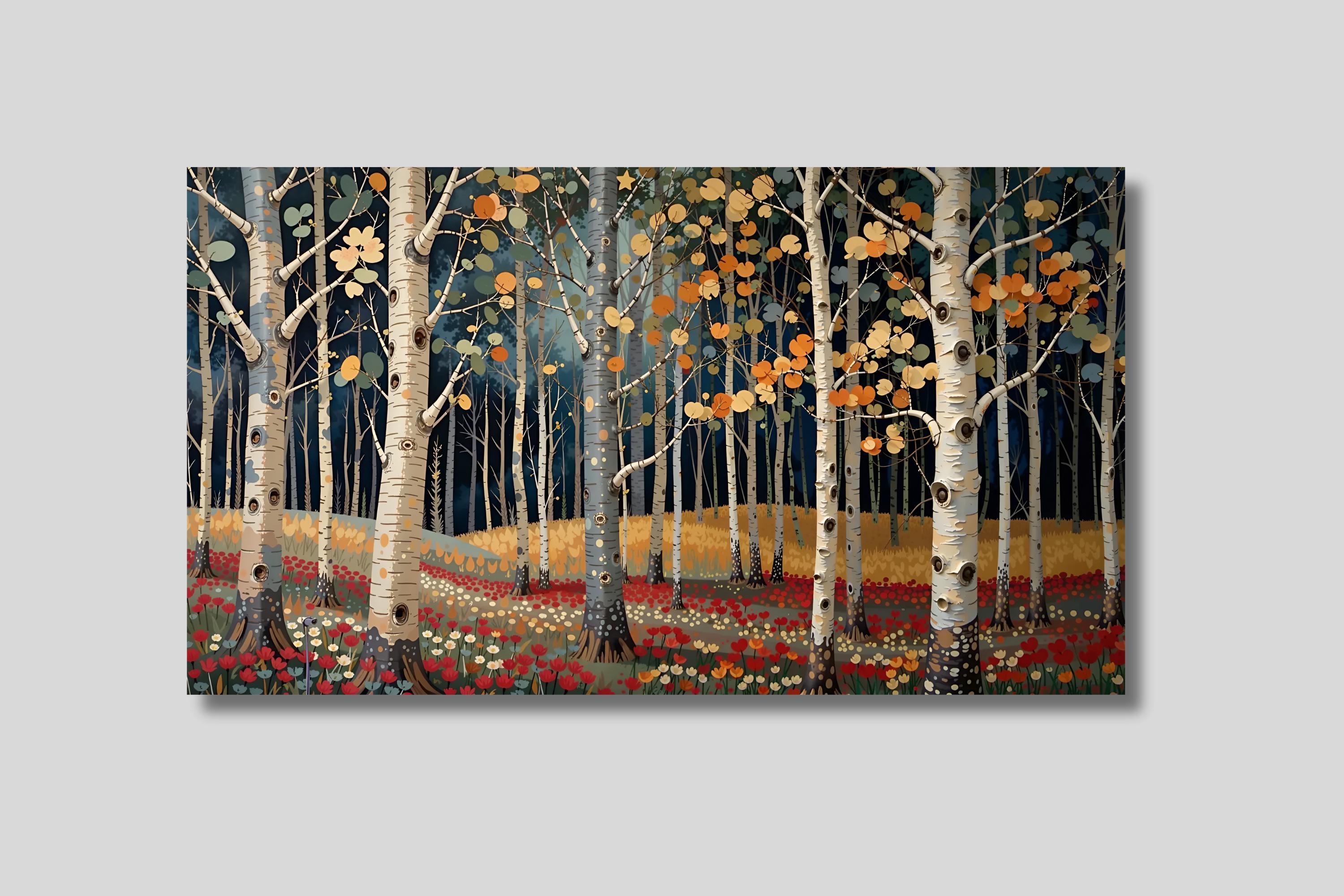 白樺の森のキャンバスウォールアート：秋の自然風景画、モダンな