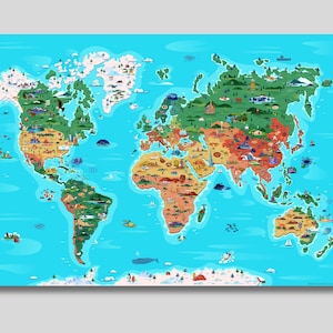 Illustrierte Weltkarte Leinwand Poster, Coole Karte Poster Kunst, Homeschooling Weltkarte, Reise Kunst Poster, Kinderzimmer Wanddekoration, Lernposter