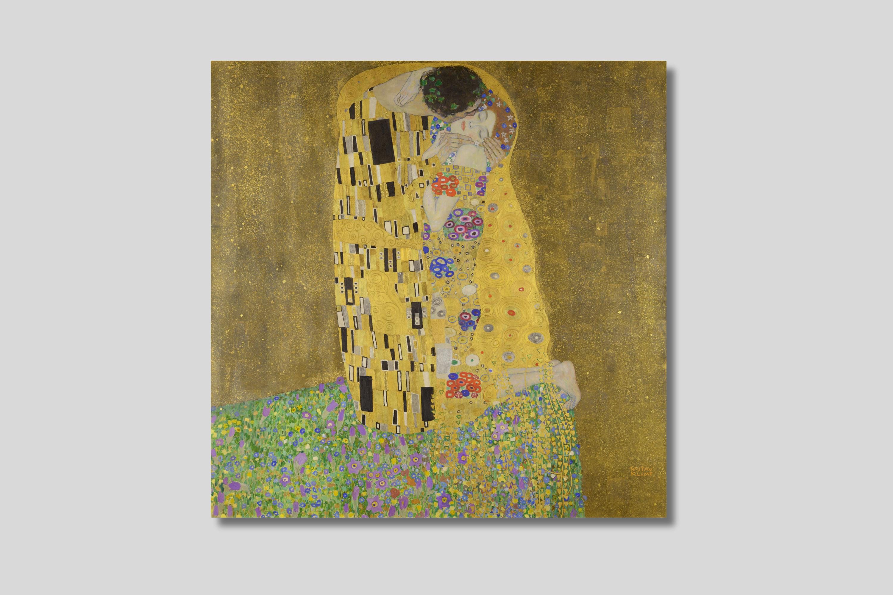 グスタフ・クリムト「接吻」キャンバス壁アート：恋人たちの抱擁金版画 