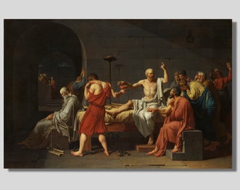 May include: A classical painting depicts a scene with several figures in a dimly lit room. The central figure, a man, reclines on a bed, gesturing with his arm. Other figures surround him, some in robes, with expressions of concern or grief. The artwork has a historical theme.