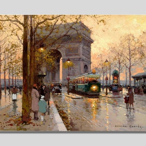 Edouard Leon Cortes Canvas Wall Art, Arc de Triomphe and Avenue Friedland Poster, Paris Art Print, Parisian City Scene, Gift idea