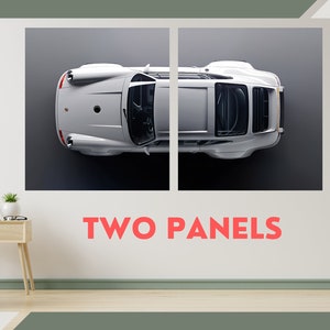 May include: A white Porsche 911 split into two panels, with the text "TWO PANELS" below the image.