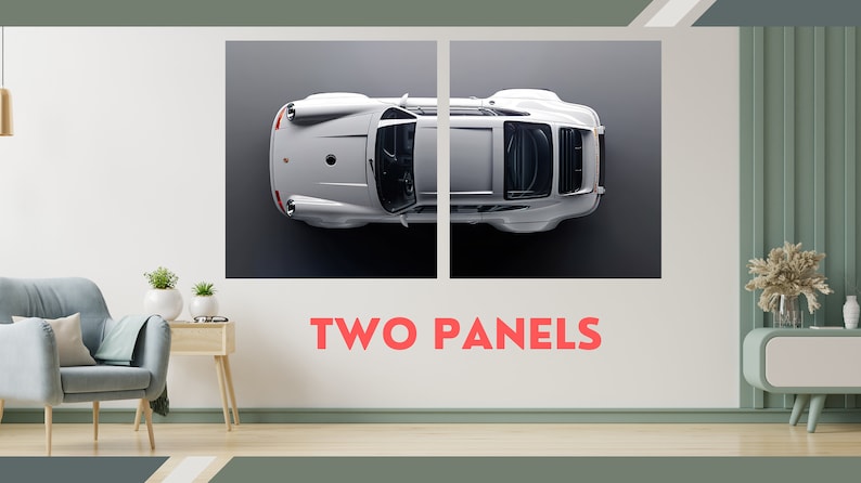 May include: A white Porsche 911 split into two panels, with the text "TWO PANELS" below the image.