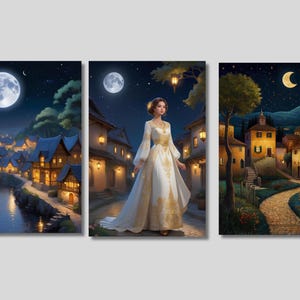 Set di 3 tele da parete ispirate a Gustav Klimt, Villaggio di notte, Gustav Klimt Art, stampa di ragazza bella e notturna, poster di cielo e luna