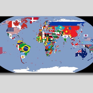 Mappa del mondo con bandiere dei paesi su tela, mappa del mondo su tela da parete, mappa del mondo colorata, mappa del mondo su tela da parete, decorazione da parete per ufficio