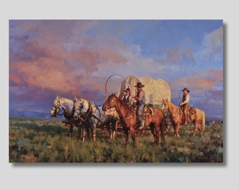 Early Start by Jason Rich Canvas Painting, Vintage Western Print, Cowboy Theme, Cowboy Decor, Arizona Art,Retro Western,Western Oil Painting