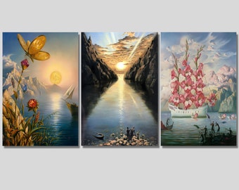 Set of 3 Vladimir Kush Canvas, Treasure Island Painting, Tide of Time Print, Arrival Of The Flower Ship Canvas, Fine Art,Gift For Art Lovers