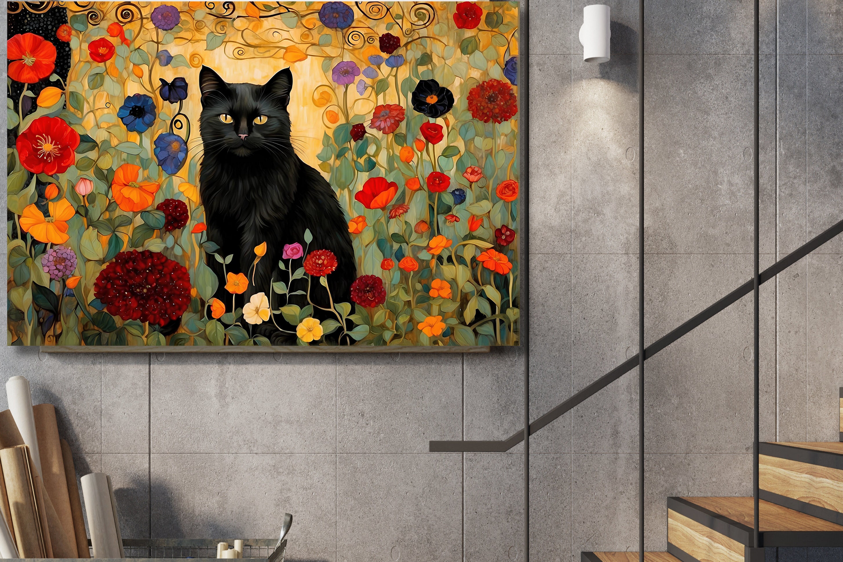 クリムト風の黒猫アートプリント：花の庭のキャンバス - Etsy 日本