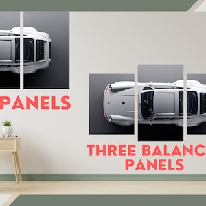 May include: A white sports car is displayed in three panels on a wall in a living room setting. The panels are arranged in a horizontal line. The text "THREE PANELS" is below the top panels and the text "THREE BALANCED PANELS" is below the bottom panels.