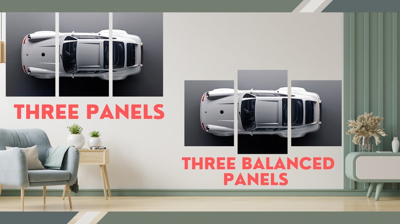 May include: A white sports car is displayed in three panels on a wall in a living room setting. The panels are arranged in a horizontal line. The text "THREE PANELS" is below the top panels and the text "THREE BALANCED PANELS" is below the bottom panels.