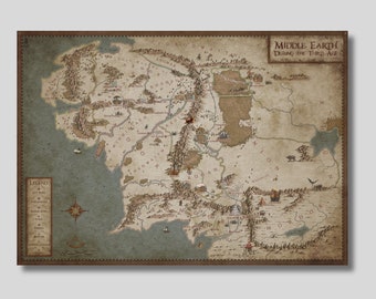 Middle Earth Antique Map Canvas, Lord of The Rings Movie Map, Antique Map Wall Art, Map Canvas, World Map Art, Hanging Map Canvas Print