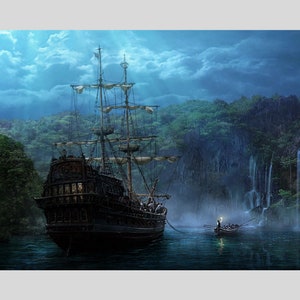 Pirate Ship Canvas Art, The Ship of Legends Wall Art, Ship in the Dark Sea Painting, Rowing Boat Wall Art, Sailboat Print, Gift idea