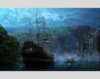 May include: A large, dark wooden sailing ship with white sails is docked in a bay with a waterfall in the background. The ship is surrounded by lush green foliage and a small boat with a lantern is in the foreground.