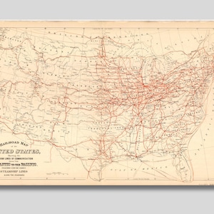 Cartaz de tela com mapa ferroviário completo dos EUA (1884), impressão do Atlas das antigas ferrovias da América, Atlas ferroviário vintage dos EUA, mapa antigo, arte de parede vintage