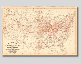 May include: An antique map of the United States showing railroad lines and steamship lines. The map is printed on cream-colored paper and features red lines representing the railroad routes. The text "RAILROAD MAP of the UNITED STATES, THROUGH LINES OF COMMUNICATION Showing the ROUTES FROM ATLANTIC to the PACIFIC. STEAMSHIP LINES ALONG THE COASTS" is printed in the lower left corner of the map.