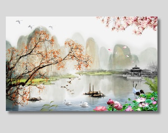 Japanese Landscape Canvas Art: Cloud, Sunrise, Pine Tree Painting