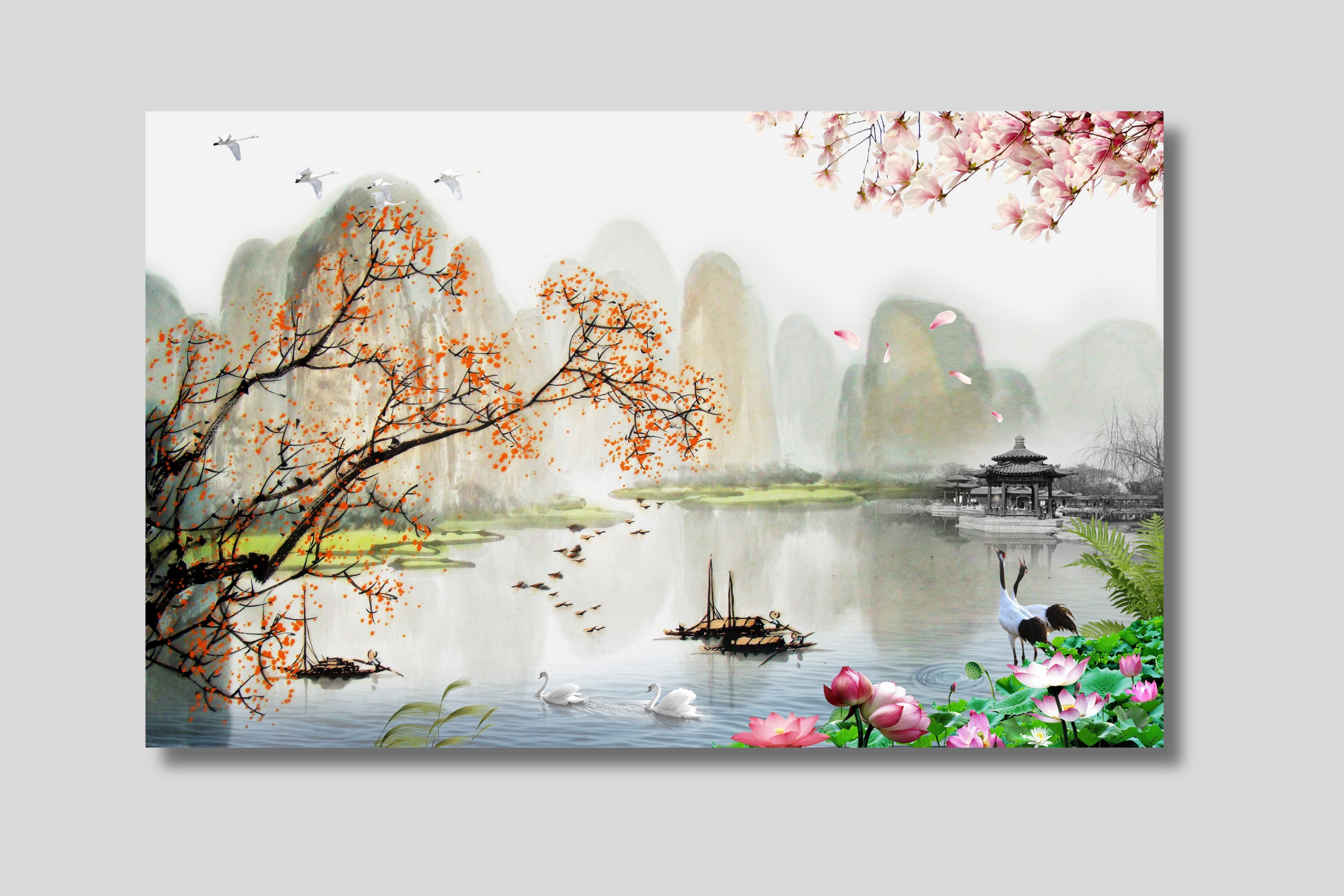 Japanese Landscape Canvas Art: Pine Trees Painting, Natural Wall