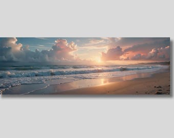 Panoramic Pastel Sunset Beach Canvas Art, Soft Pink Clouds Ocean Waves Shoreline Wall Decor