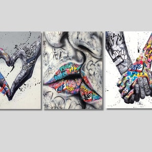 Banksy Love Graffiti Canvas Art Set: Kissing Lovers, Heart Hands