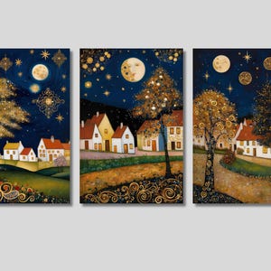 Set di 3 tele ispirate a Gustav Klimt, Villaggio di notte
