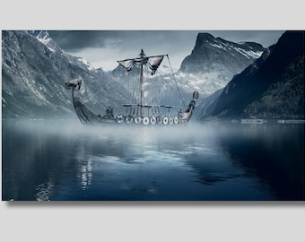May include: A Viking longship with a dragon head prow sails on a misty lake surrounded by snow-capped mountains.