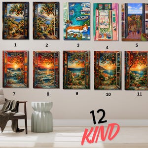 Lienzo decorativo personalizado con ventana abierta al estilo de Henri Matisse, vista al mar, impresión de puesta de sol, impresión de flores, vista costera, jardín romántico, decoración de moda