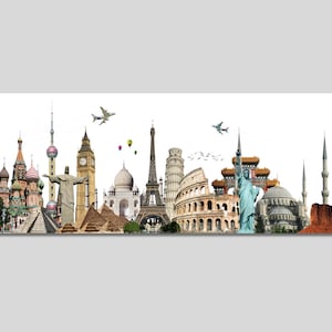 Stampe murali di monumenti iconici famosi nel mondo, stampe di monumenti iconici del mondo, stampe su tela di monumenti del turismo mondiale, poster di viaggio, pronte da appendere