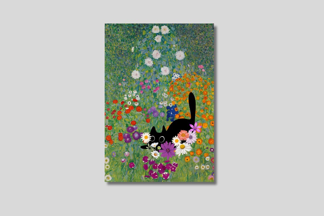 Gustav Klimt Style Black Cat in A Garden Canvas Wall Art, Flowers Print ...