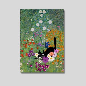 Gustav Klimt Stil Schwarze Katze In Einem Garten Leinwand Wandkunst, Blumen Druck, Blumenkunst, Katzengarten, Tierkunst, Trendige Kunst, Geschenk für Katzenliebhaber